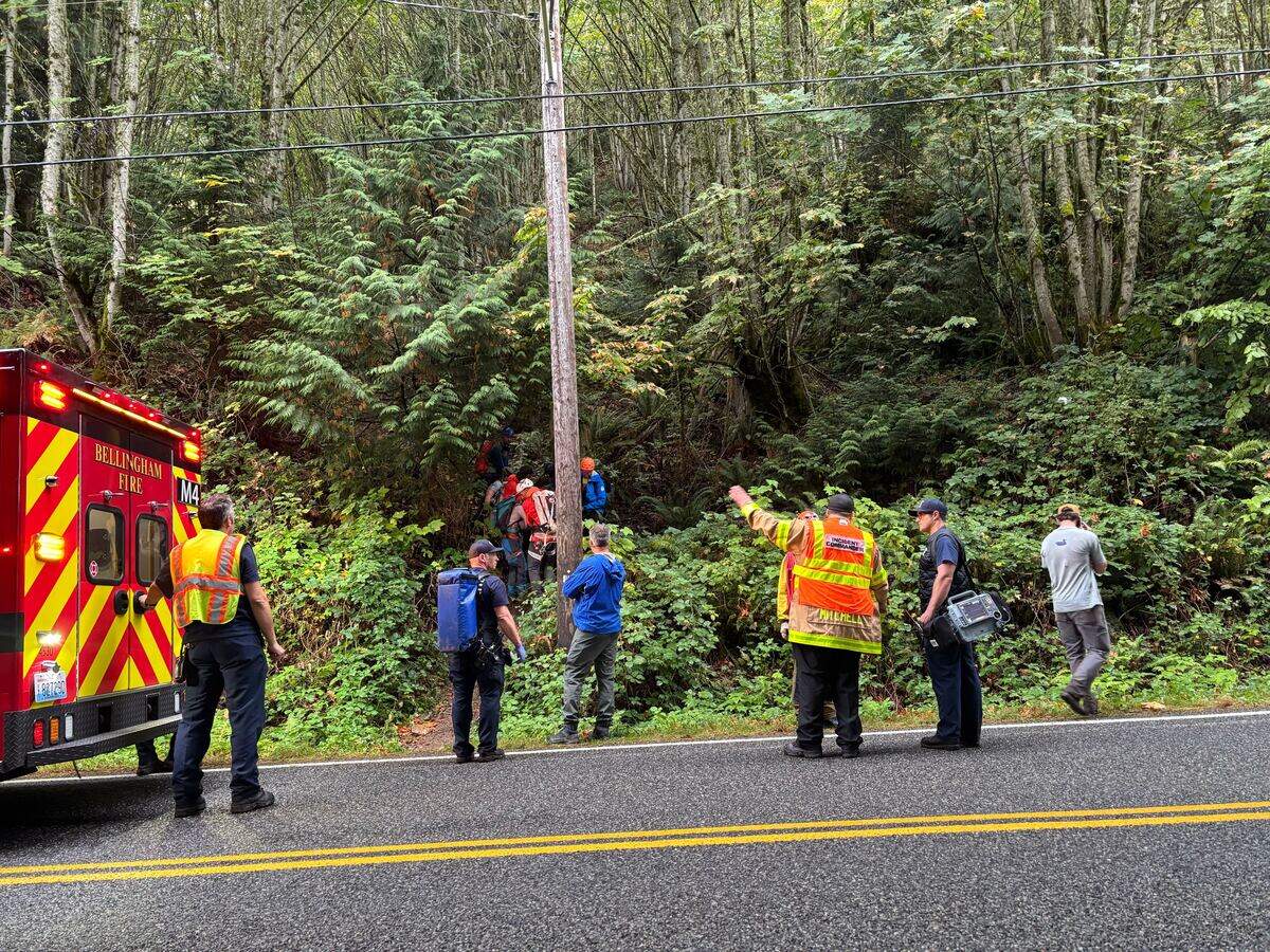 Bellingham Mountain Rescue Council and Bellingham Fire Department assist in a technical rescue of a mountain biker on Lookout Mountain.
