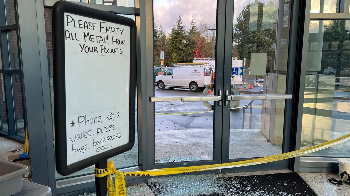 A burglar smashed the front door and broke open an ATM inside the Whatcom County Courthouse early Monday, Nov. 18, 2024, in Bellingham, Wash.