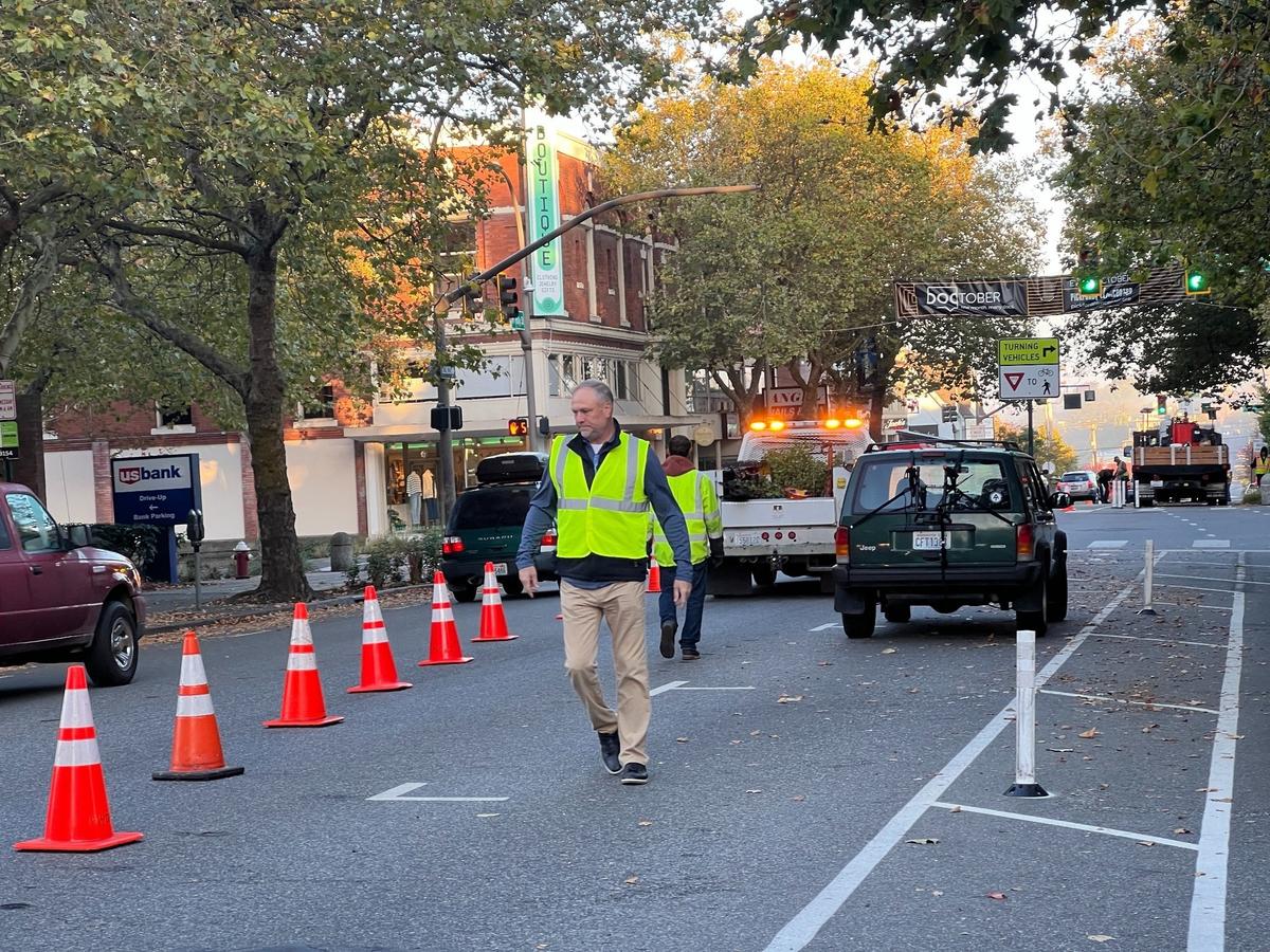 Steve Haugen, superintendent of traffic, parking and fiber for the Bellingham Public Works Department, walks on West Holly Street east of Commercial Street in 2024.