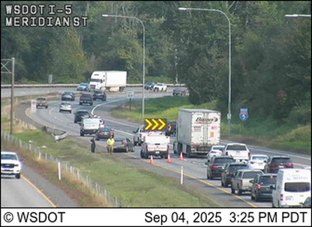 Traffic is backed up on southbound I-5 following crash near the Guide Meridian in Bellingham.