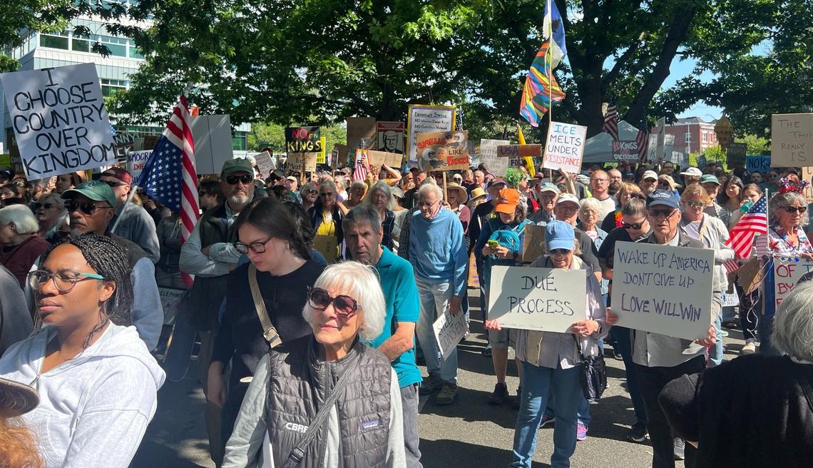 Thousands of people rallied at City Hall in downtown Bellingham as part of nationwide No Kings! rallies on Saturday.