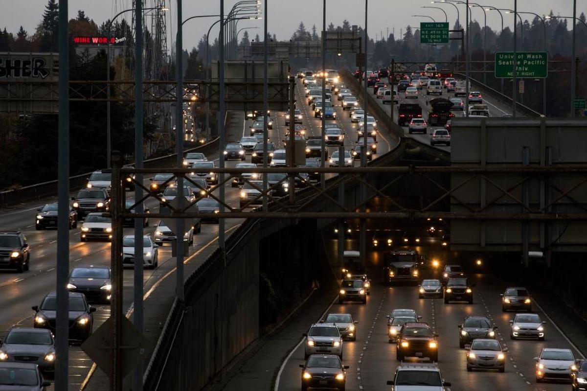 Traffic on Interstate 5 in Seattle on Nov. 1, 2017. Defenders of Amazon’s impact on the city say the huge and expensive expansion of mass transit that is underway now might not have happened if a sudden worsening of traffic hadn’t underscored the need.