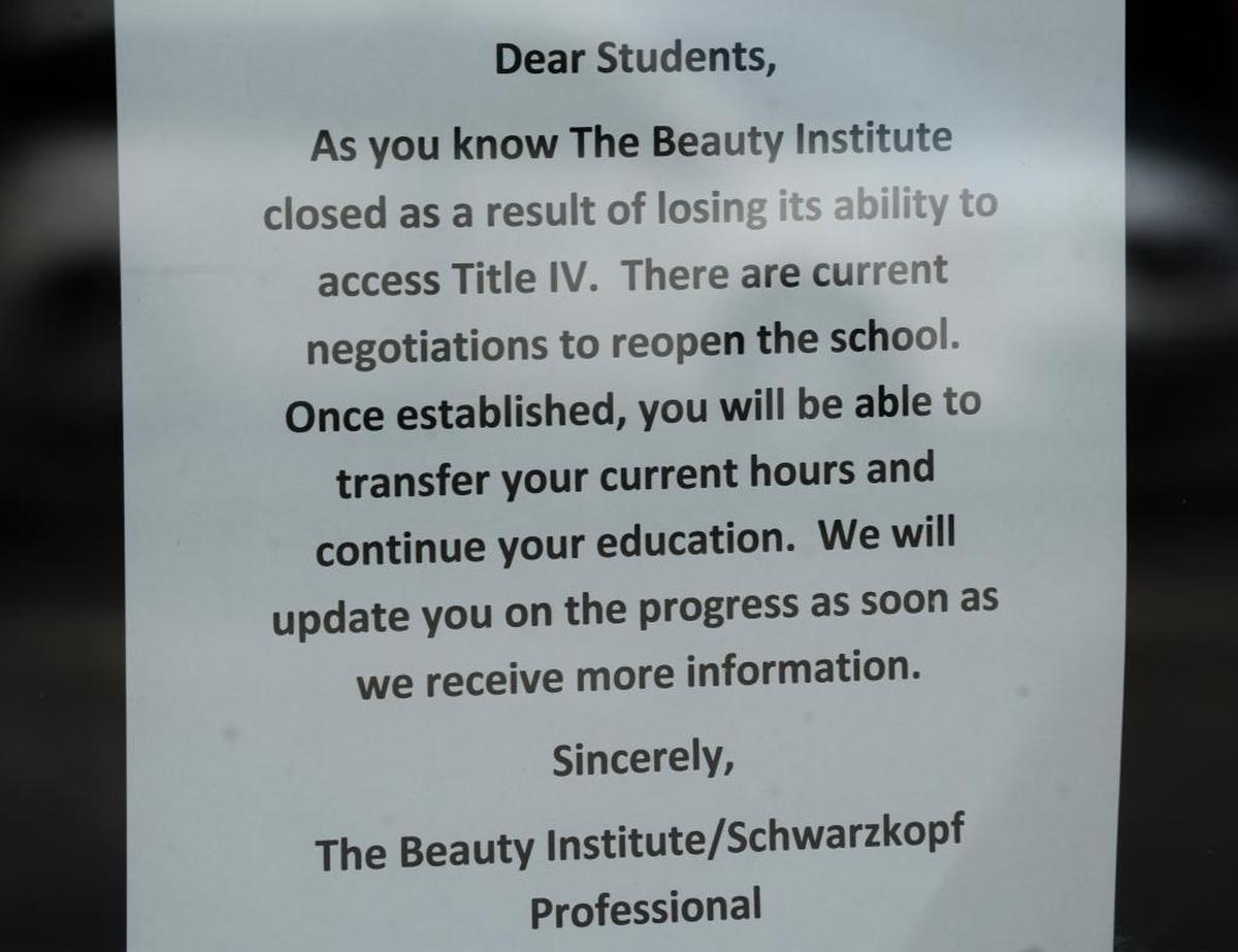 The Beauty Institute-Schwarzkopf Professional cosmetology school is not taking any students at the moment, according to a sign posted in the school’s front door, Wednesday, May 10, 2017. Beauty schools in Everett are considering transfers.