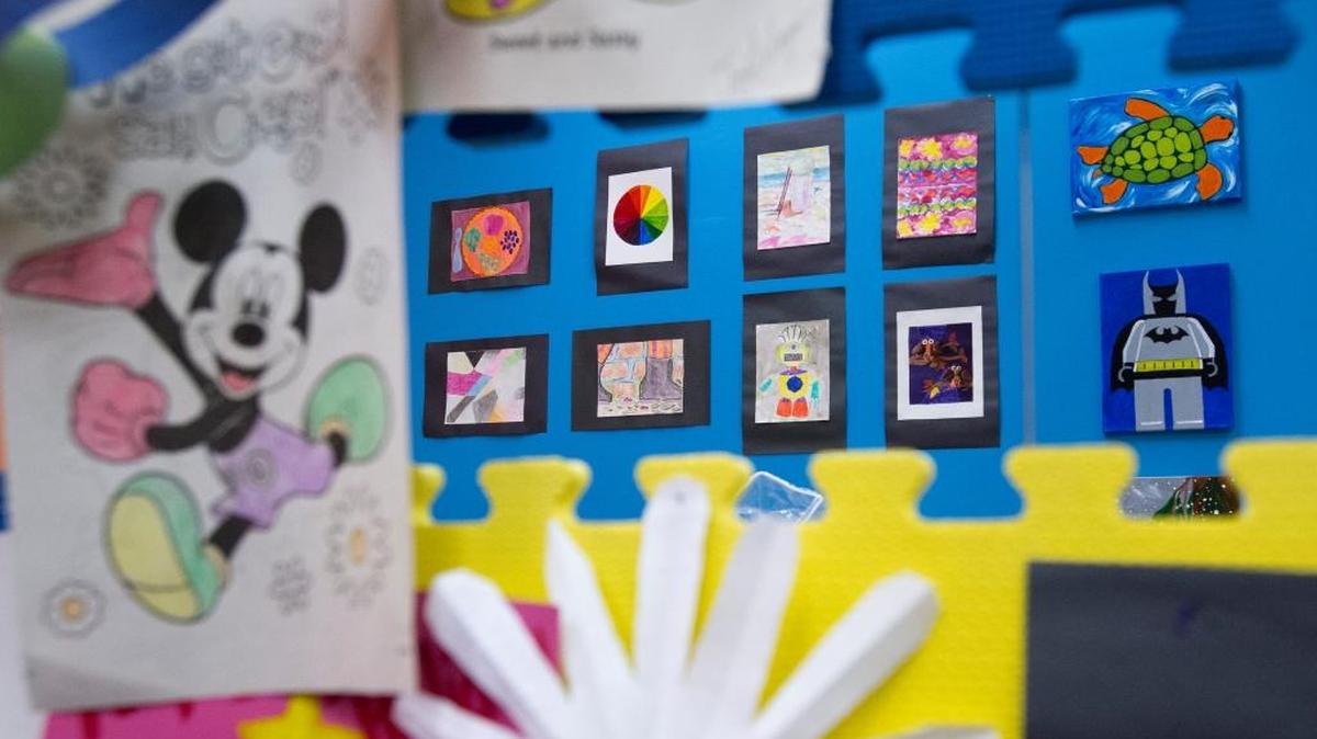 Children’s artwork hangs on the walls at Children’s Creativity Center at Bellis Fair Mall on Thursday, Dec. 10, in Bellingham, Wash.