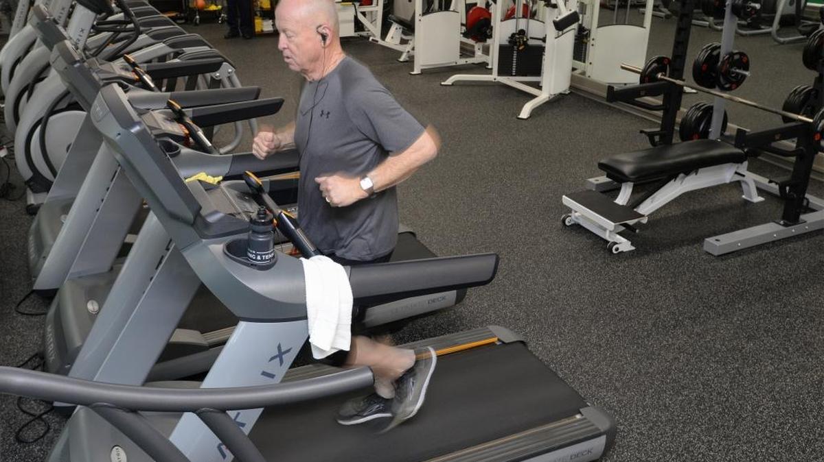 Dave Thorngren, 70, runs on a treadmill in the fitness area at the Bellingham Training & Tennis Club in the Fairhaven district of Bellingham, Thursday, Dec. 14, 2017. The fitness club is building an expansion starting in January.