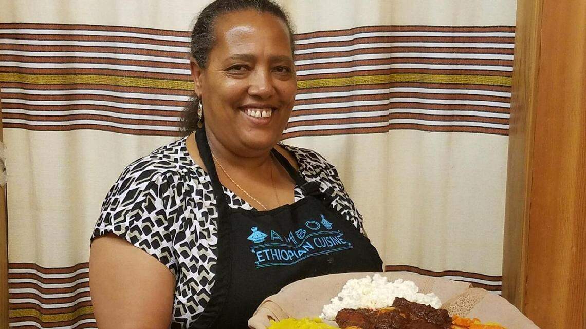 Cottage cheese, potatoes and carrots accompany doro wot at Mulunesh Belay’s Ambo Ethiopian Cuisine.