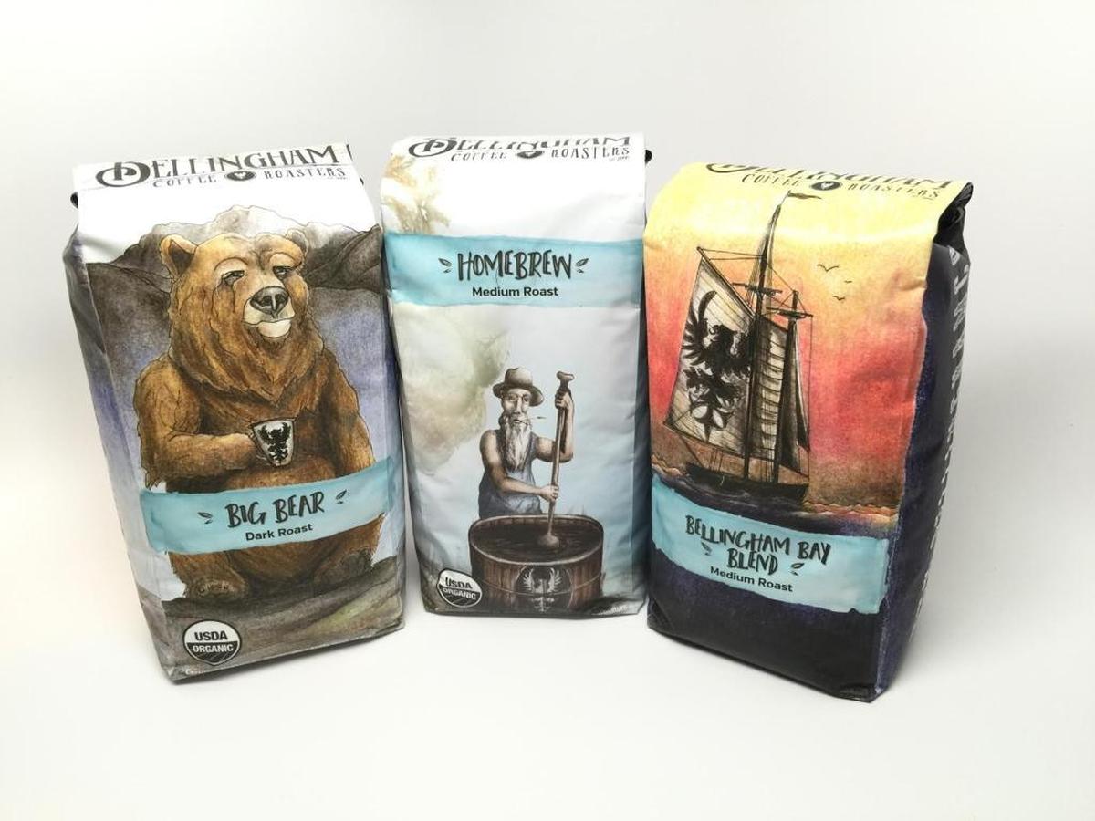 A few examples of the new packaging of Bellingham Coffee Roasters coffee.