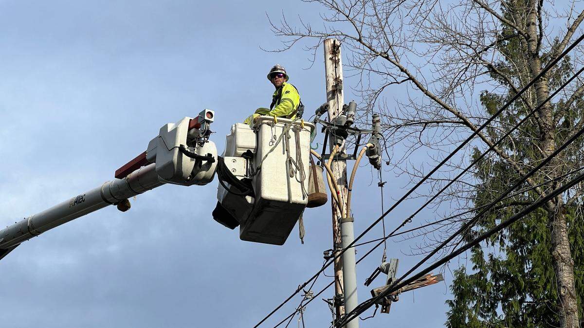 A utility worker from Asplundh repairs a Puget Sound Energy power pole that was damaged in the bomb cyclone storm on Wednesday, Nov. 20, near Bellingham.