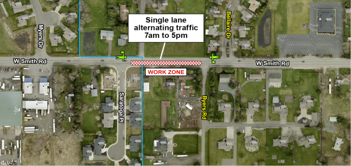 Traffic will be reduced to a single lane along West Smith Road near Saratoga Place on Monday, April 21.