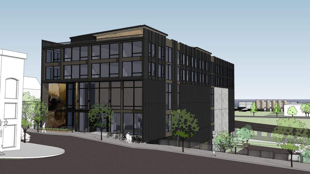 A rendering shows the entrance to the proposed Arête Climbing Gym at 315 W Holly Street in downtown Bellingham, Wash.