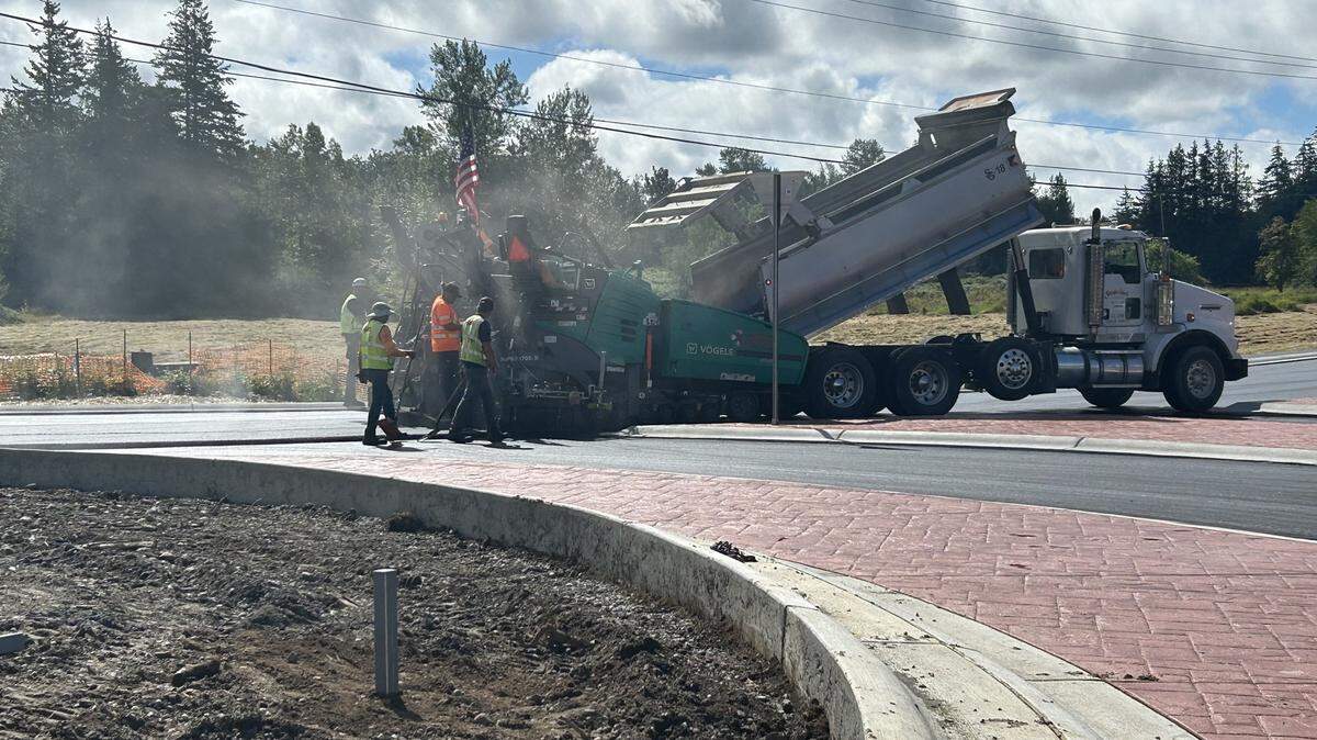 Work continues on the roundabout at the Smith-Hannegan road intersection in an undated photo from Whatcom County social media.