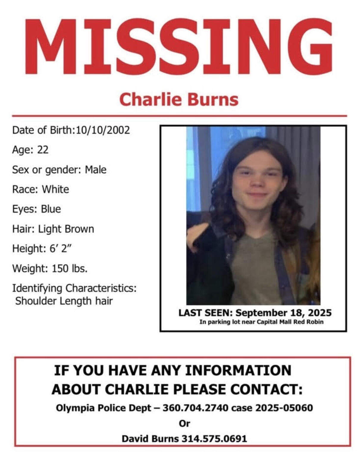 Missing person poster for Charlie Burns, 22, of Bellingham, Wash.