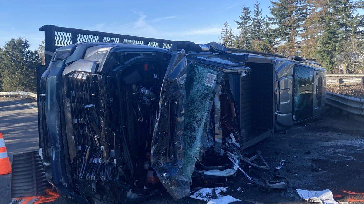 An image from the scene of a crash involving a car hauler and a van Tuesday, March 19, on I-5 near Ferndale, WA.