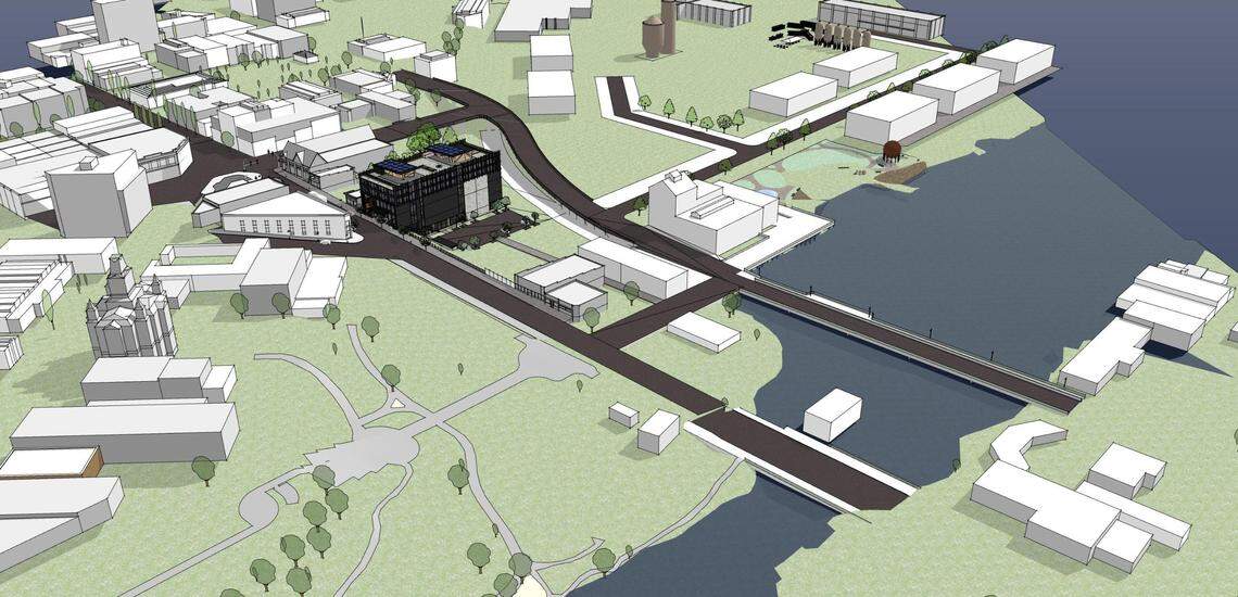 An aerial rendering shows the proposed Arête Climbing Gym at 315 W Holly Street in downtown Bellingham, Wash.