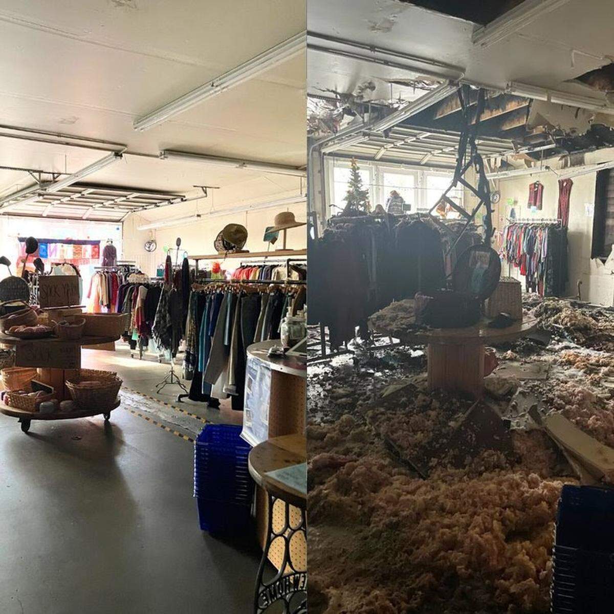 A side-by-side image shows the nonprofit thrift shop Ragfinery before and after it sustained smoke and water damage from a fire on Sunday, Dec. 29, 2024.