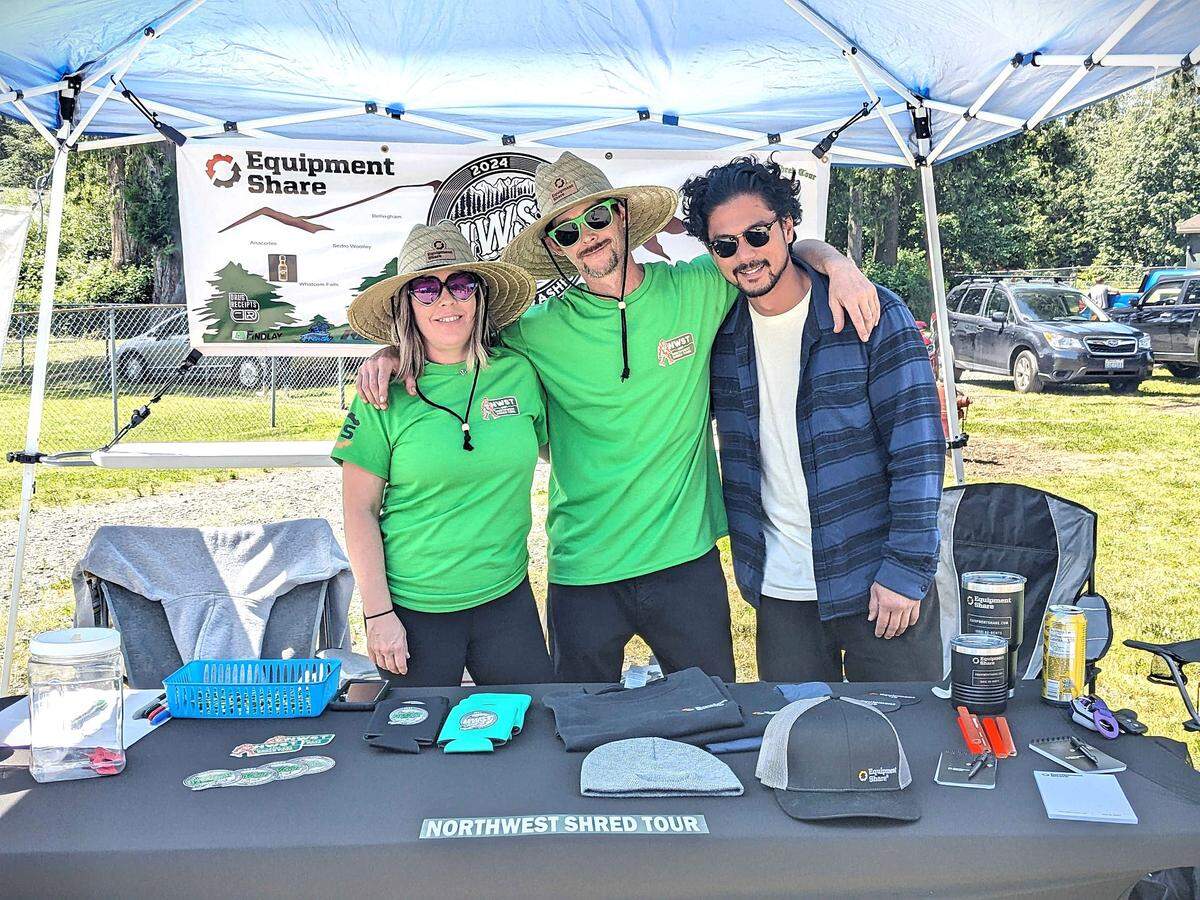 Northwest Shred Tour organizers Crystal Juarez (left) and Randy Juarez (middle) with tour founder Preston Villanueva (right) at the Lummi Skate Park on the Lummi Reservation on Friday, June 21, 2024.