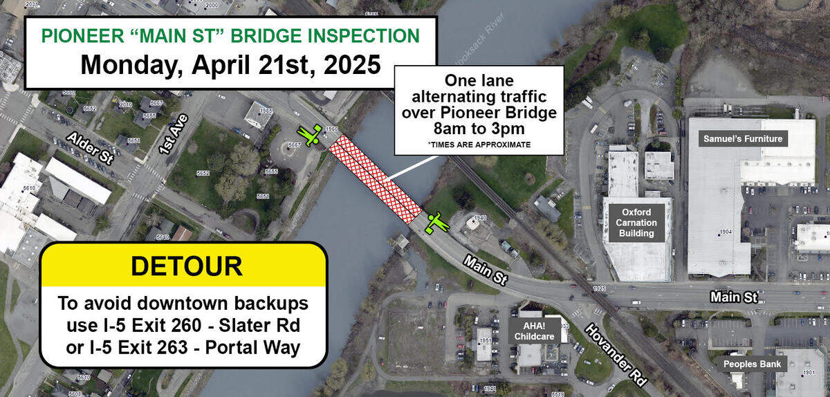 The bridge in Ferndale on Main Street of exit 262 of I-5 will be reduced to one lane of traffic on Monday for a routine bridge inspection.