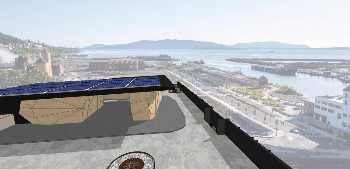 A rendering shows the rooftop bouldering design proposed at the planned Arête Climbing Gym at 315 W Holly Street in downtown Bellingham, Wash.