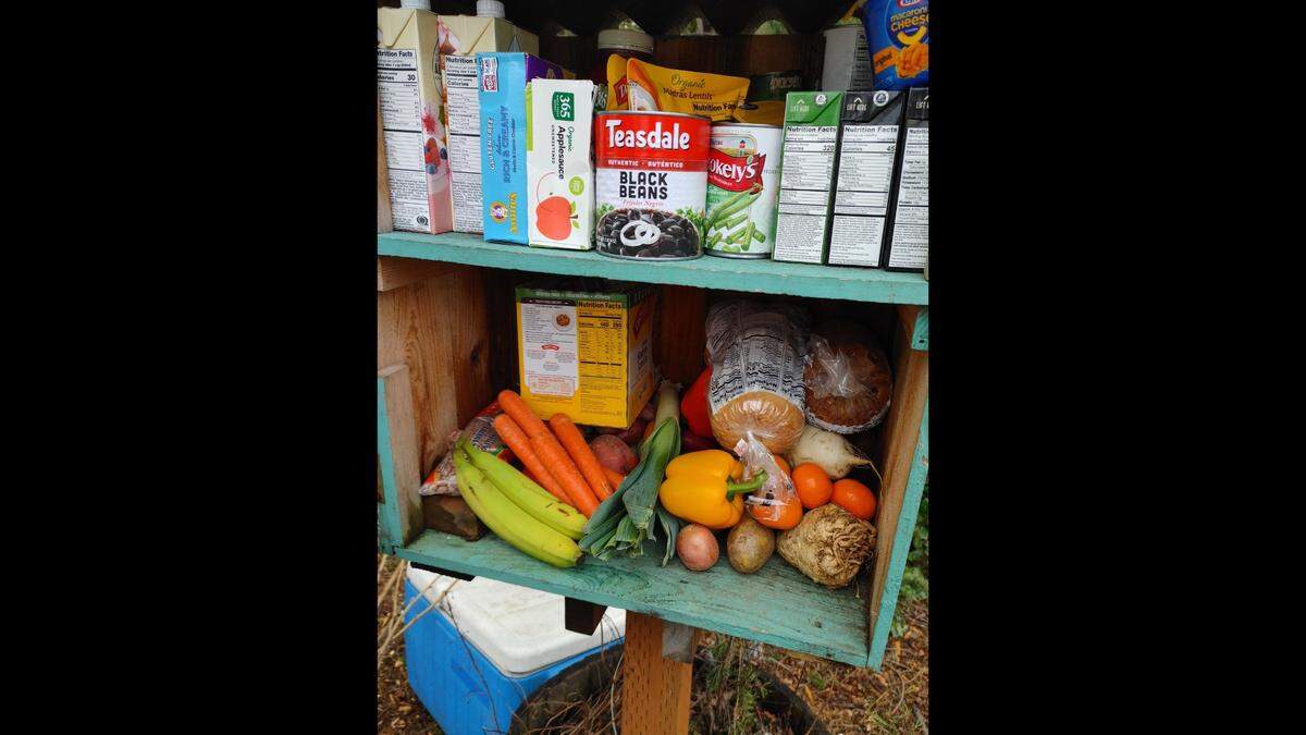 The Birchwood Food Desert Fighters stock eight community food share boxes in the Birchwood neighborhood in Bellingham, Wash.