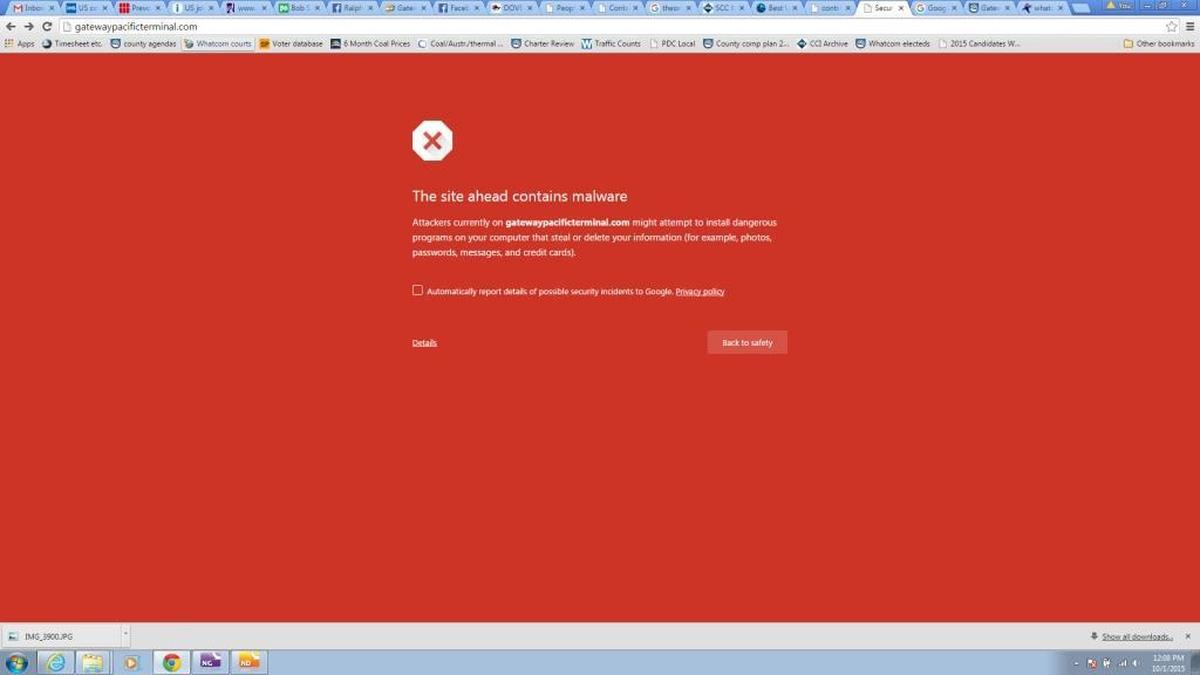 Google’s Chrome web browser presents this security warning to people attempting to reach gatewaypacificterminal.com. This screenshot was taken shortly after 12 p.m. on Thursday, Oct. 1.