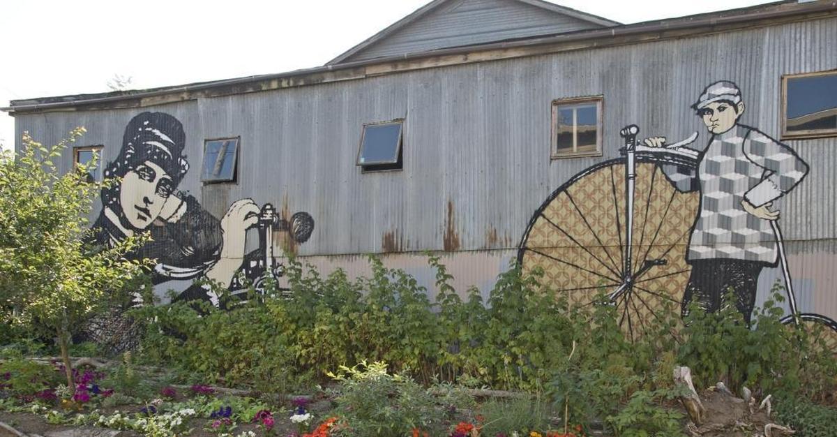 The mural along the beginning of the South Bay Trail on the downtown end by Yale Wolf.