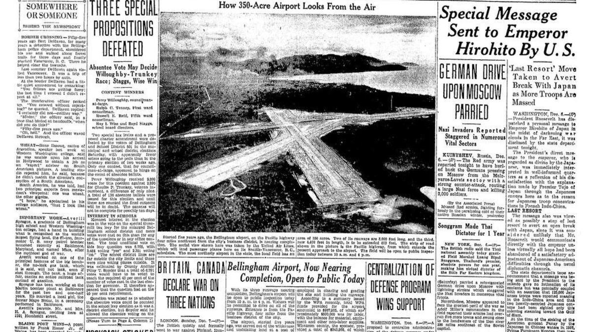 The Dec. 7, 1941 edition of The Bellingham Herald told readers about a public open house at the city’s new airport – and President Roosevelt’s warning to Japanese Emperor Hirohito.