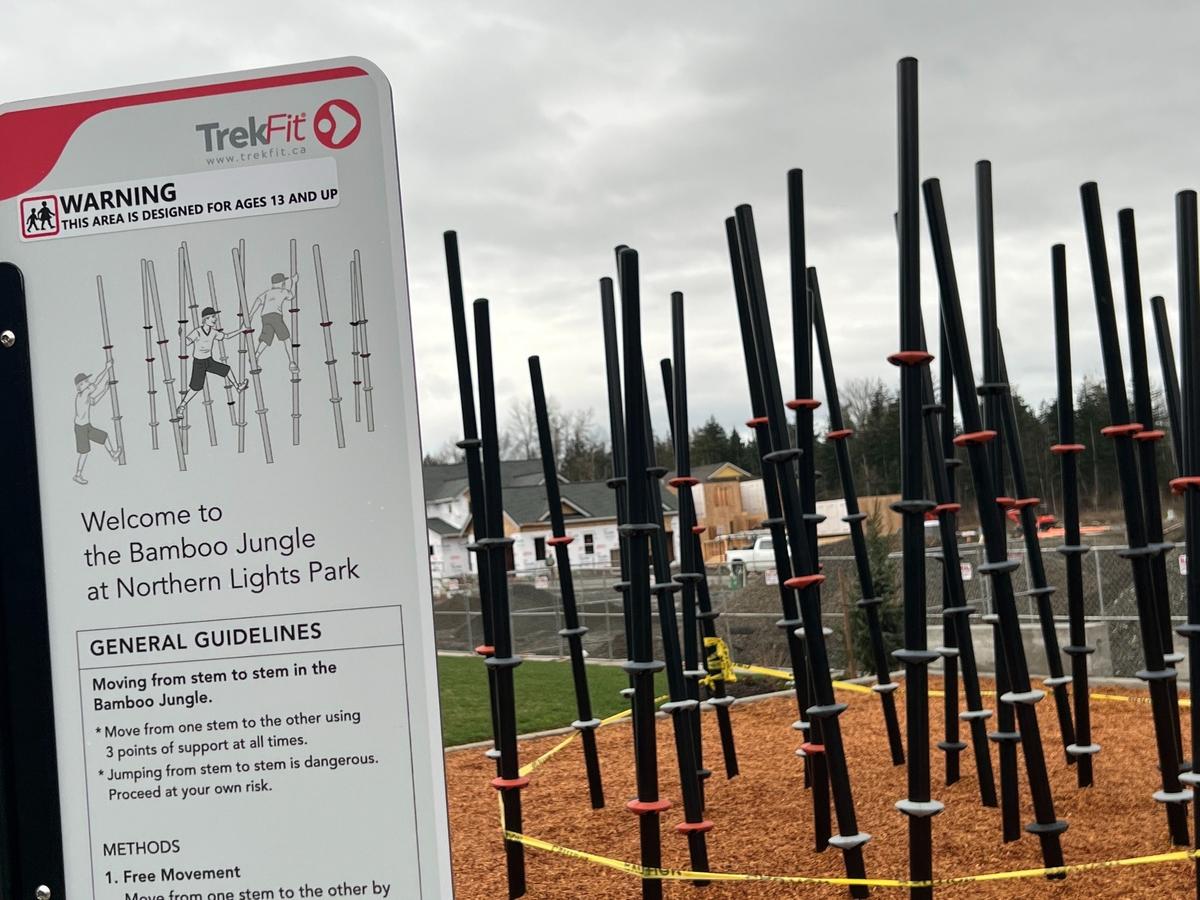 A “bamboo jungle” play structure and rocks for climbing are featured at Northern Lights Park, which is opening in March 2025 north of Costco in Bellingham, Wash. Robert Mittendorf The Bellingham Herald