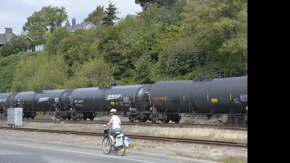 
An oil train travels along Roeder Avenue in downtown Bellingham on Sept. 22, 2014.
