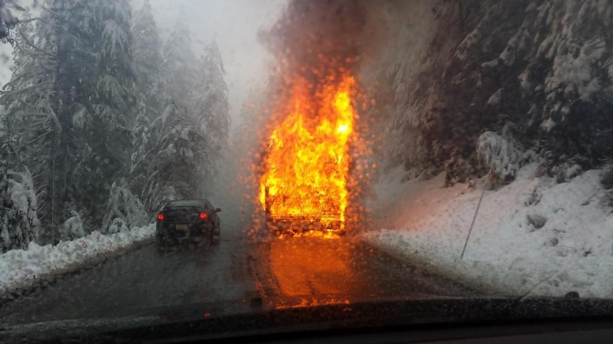 A bus caught fire Saturday morning, Feb. 13, 2016, on Mount Baker Highway.