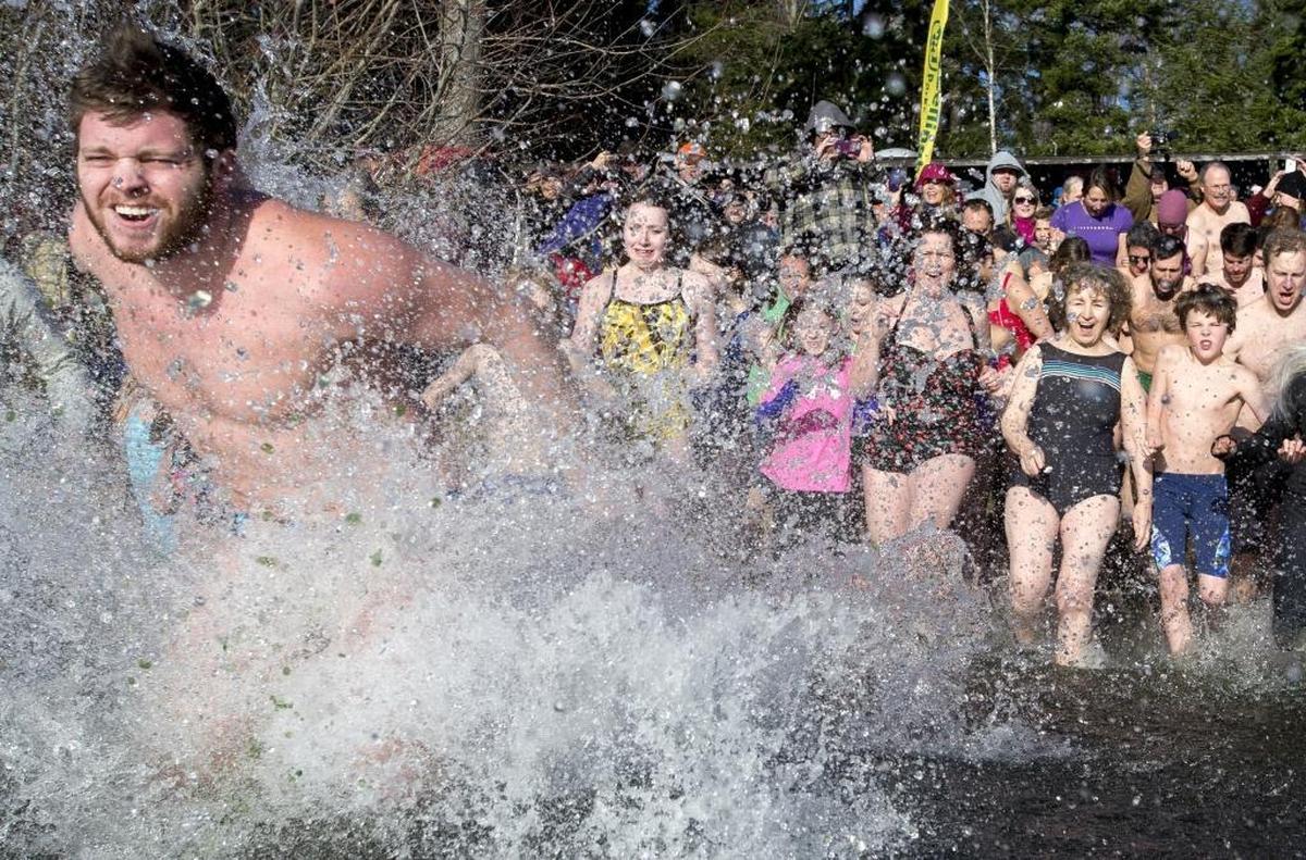 Hundreds of people jump into Lake Padden at the 2014 Padden Polar Dip on Jan. 1 in Bellingham.