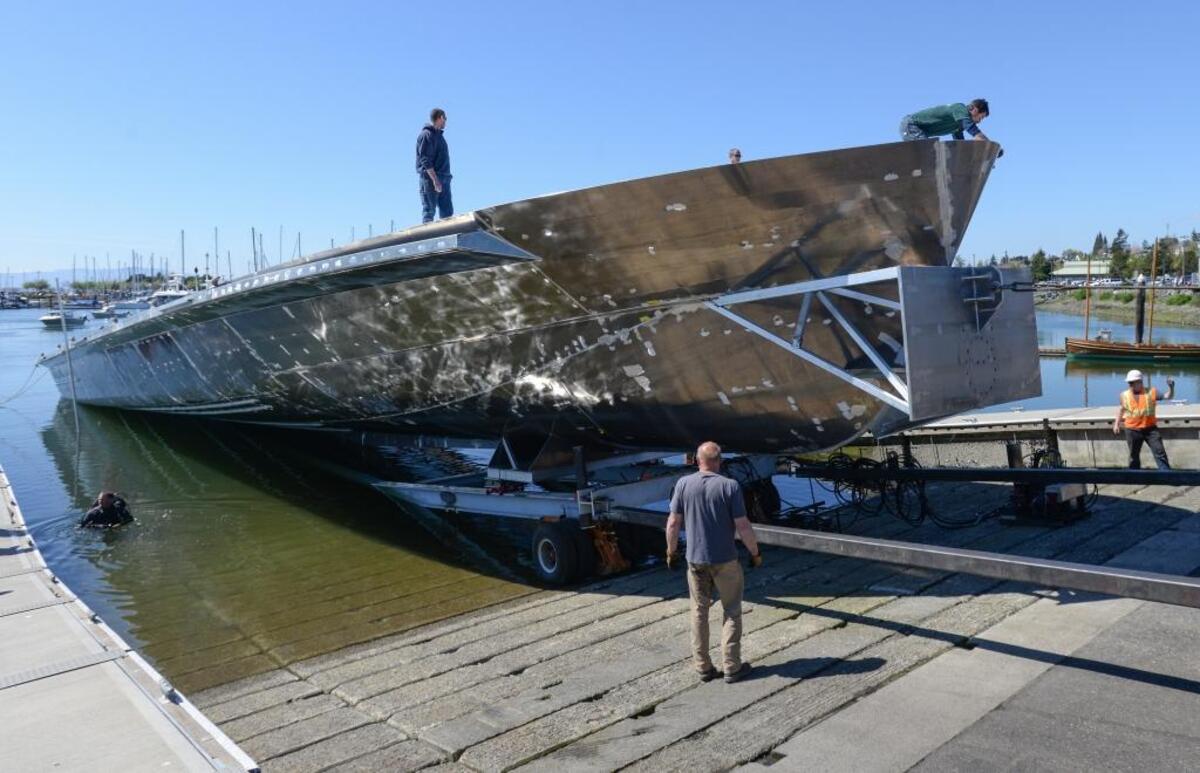 Bellingham boat builder All American Marine moved a 125-foot boat hull from its Fairhaven facility to Squalicum Harbor Friday. The boat hull will be moved up Roeder Avenue early Saturday into All American’s new building.