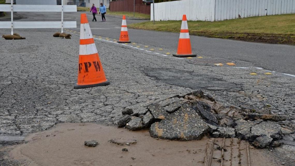 Ferndale Terrace in Ferndale is closed to through traffic Wednesday, Jan. 25, 2017, because the road was damaged after it froze for several weeks and then thawed quickly.