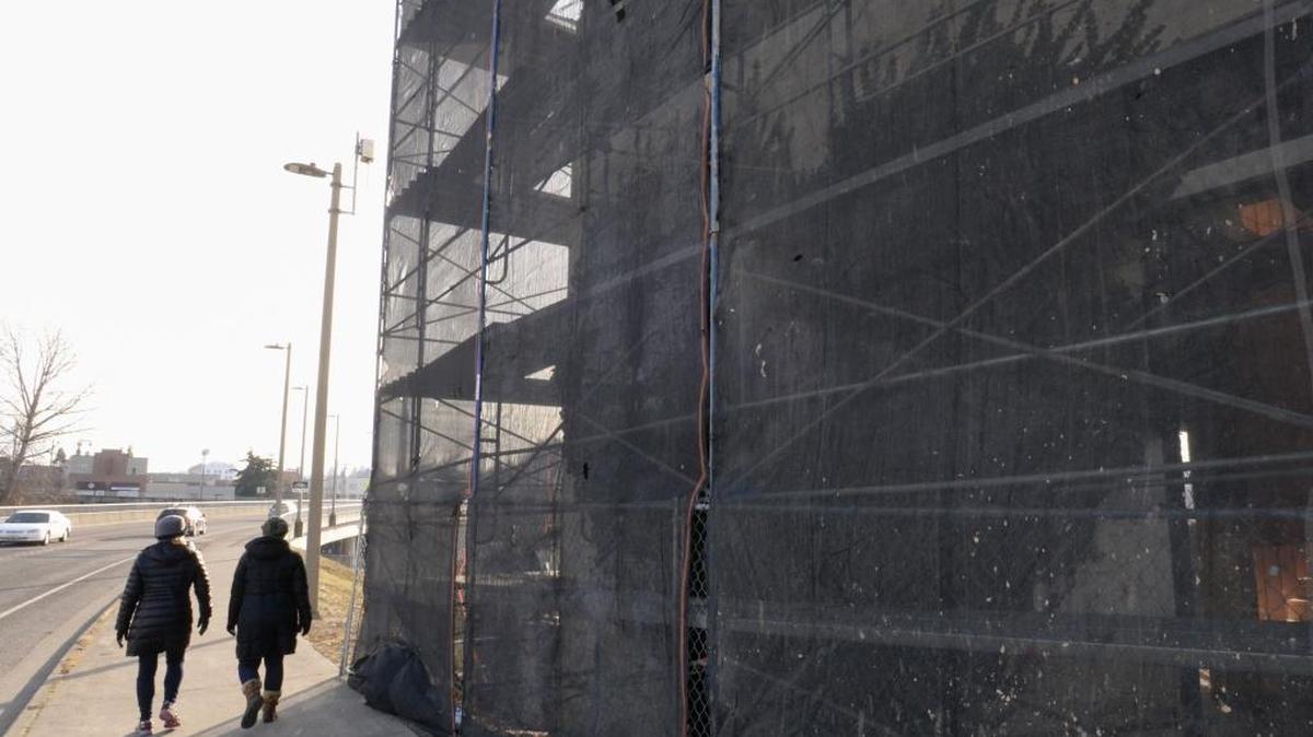 Scaffolding covers the Roeder Avenue side of the Granary Building in Bellingham Friday, Jan. 13, 2017. The ivy heart is coming down, and will be replaced with a trellis heart away from the building in the same spot.