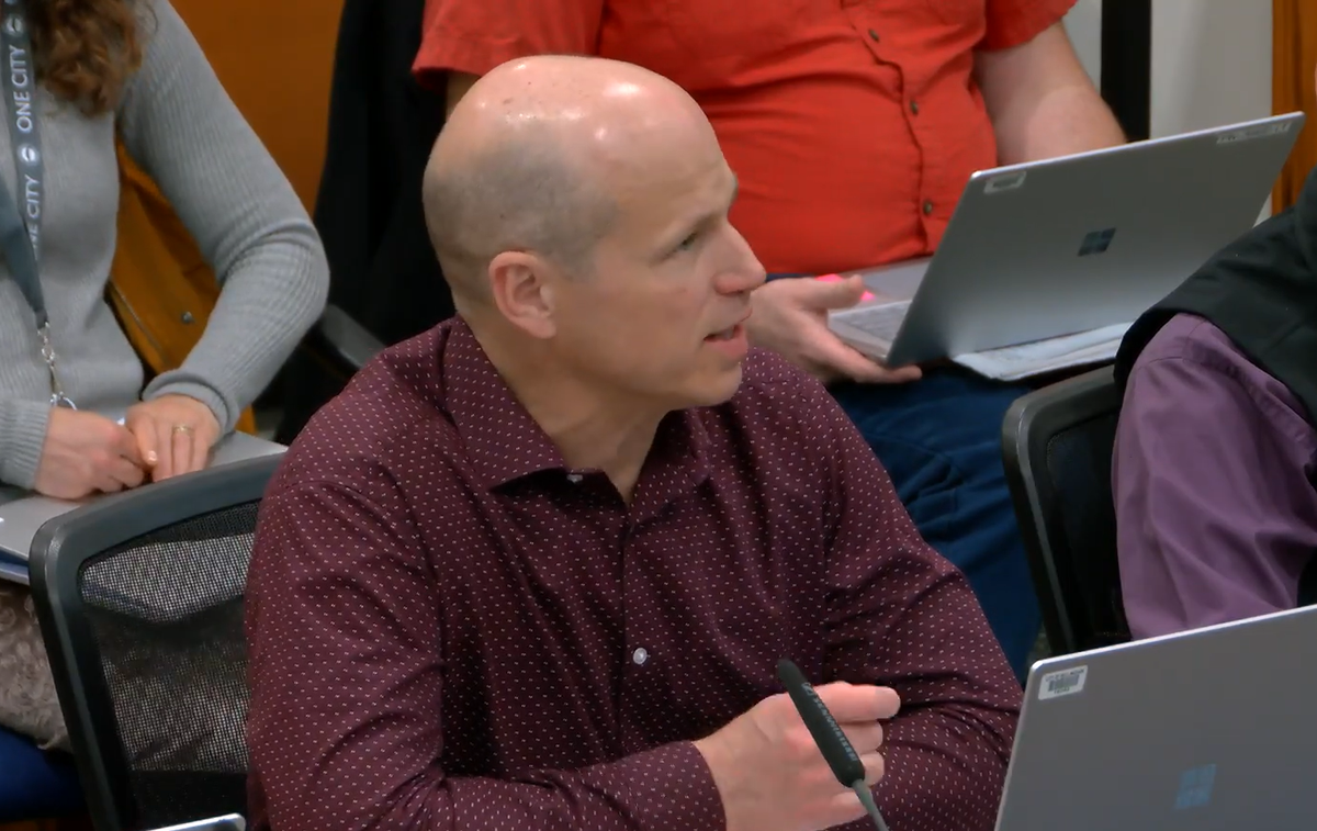 Joel Pfundt speaks during a City Council committee meeting May 19 at City Hall.