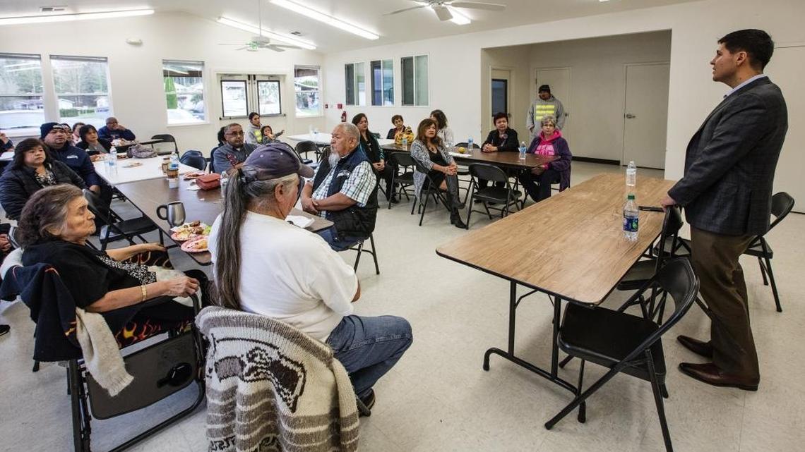 Gabriel Galanda speaks to Nooksack members who are facing possible disenrollment. The Nooksack Court of Appeals ordered that Galanda, Anthony Broadman and Ryan Dreveskracht, who are attorneys for tribal members facing disenrollment, be allowed to practice in Nooksack Tribal Court.