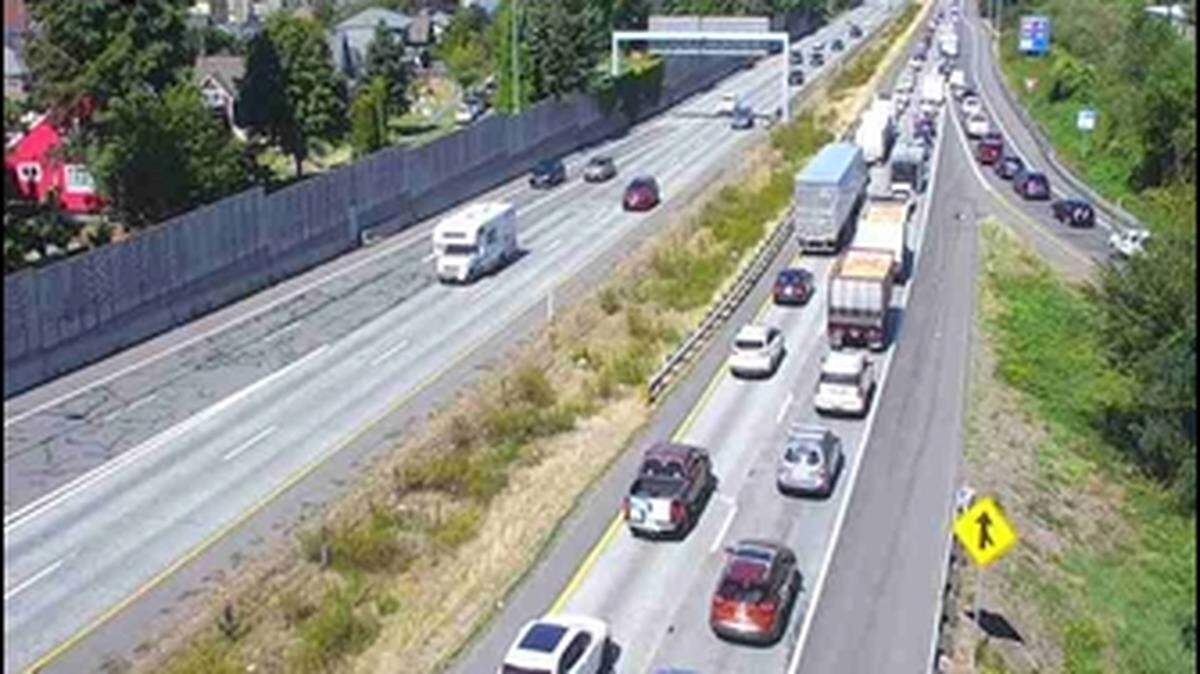 Traffic is backed up for miles on I-5 Northbound following a collision that blocks the left lane near Iowa Street