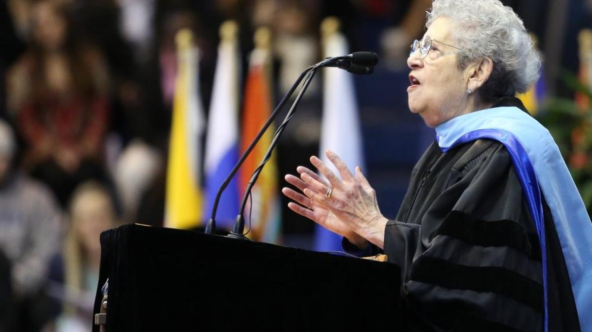 Noémi Ban speaks at a Western Washington University graduation ceremony on March 23, 2013. The Holocaust survivor is scheduled to speak at the university on Tuesday, May 3, 2016.