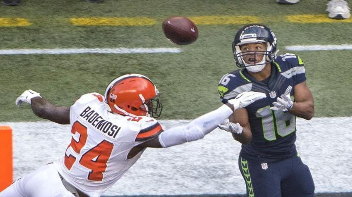 Seahawks receiver Tyler Lockett, right, catches a pass for a touchdown against Cleveland in December. Seattle’s decision to move up to the third round in the 2015 draft and select the Kansas State product turned out to be a wise decision.