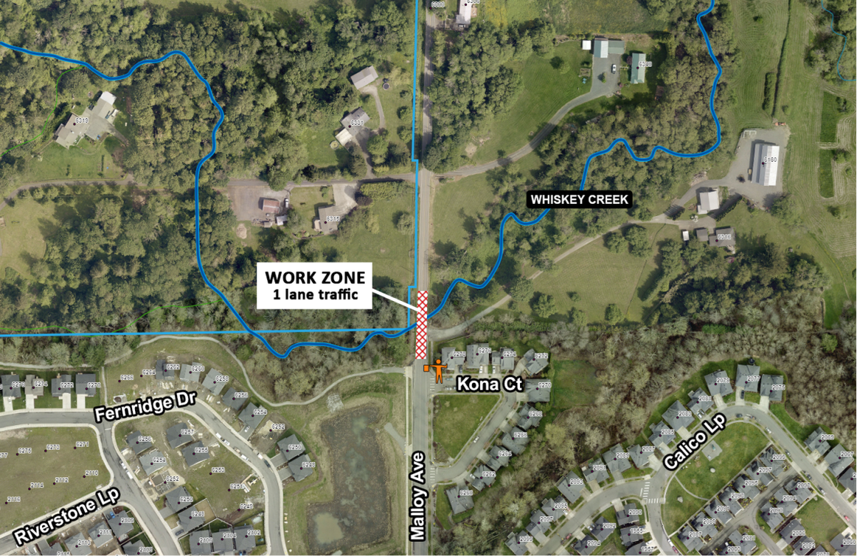 Work on the Malloy Avenue/Whiskey Creek culvert project in Ferndale will reduce Malloy Avenue north of Kona Court to a single lane of alternating traffic Tuesday and Wednesday.