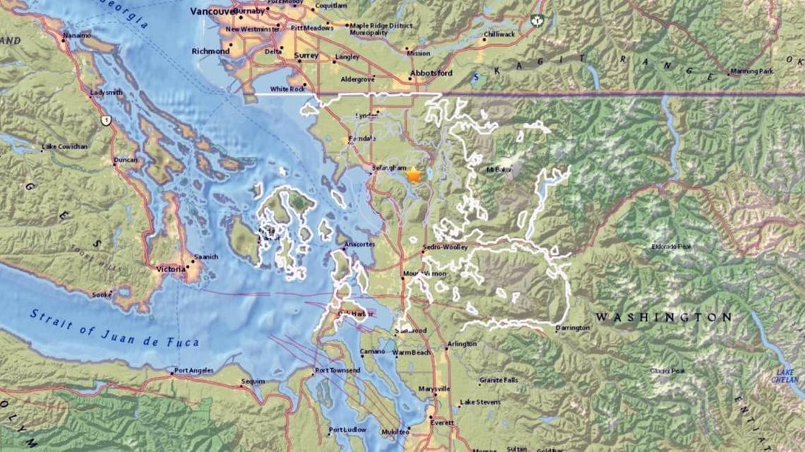 A minor earthquake with a preliminary magnitude of 3.2 jolted Whatcom County near Sudden Valley at 11:50 p.m. Tuesday, Sept. 6, 2016, according to the U.S. Geological Survey. The white lines indicates ground motion and shaking intensity.