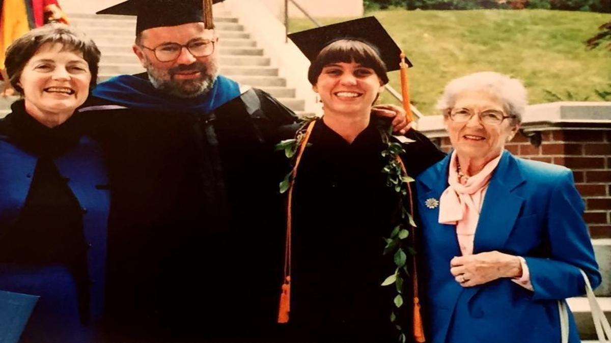 Albert “Al” Froderberg and his wife, Mary Froderberg, left, gathered at Western Washington University in 1990 for the graduation of their daughter, Annie (Froderberg) Gallagher. At right was Katherine Searing, Annie’s maternal grandmother.