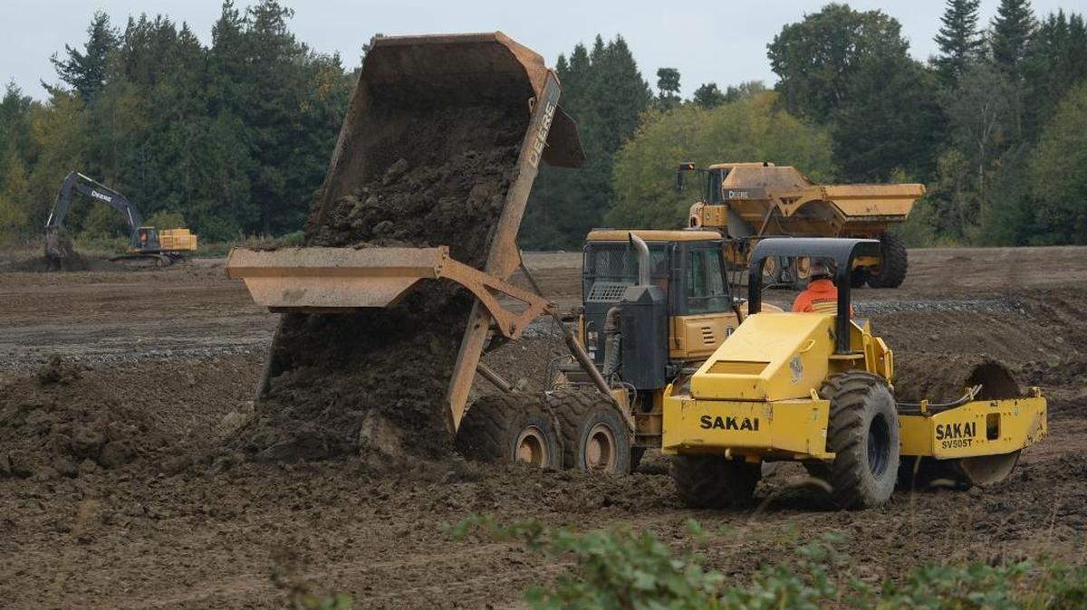 Work continues along Rural Avenue, north of Bellingham, the site of a new Lummi Nation truck fueling facility and convenience store Friday, Sept. 29, 2017. Lummi leaders have said this project is a crucial step in the development of Salish Village, which could be a mayor economic and entertainment hub for Whatcom County. The tribe has asked the City of Bellingham to provide up to 600,000 gallons of water a day for a portion of the development.