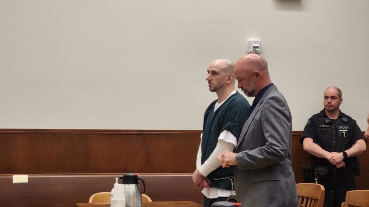 Shilo Englert (left) is pictured standing next to his defense attorney, Ryan Swinburnson, in Whatcom County Superior Court, Wednesday, June 12, 2024. He pleaded guilty to second-degree manslaughter for the Feb. 8, 2022 shooting death of Kasaundra “Kassy” May Booker, 31, of Bellingham.