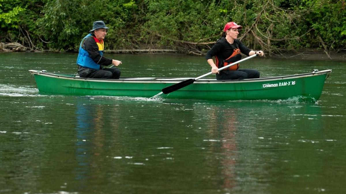 Ski to Sea participants Geneva Slaughter and Pat Buckley of team Hamster Endurance Running paddle their canoe down the Nooksack River in Everson Thursday, May 26, in preparation for the big race. Come Sunday, they’re going to have to get out of their canoe and carry it up to 200 yards to avoid a part of the river that could be hazardous.