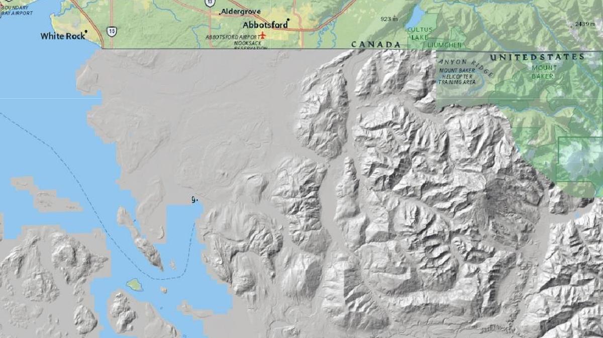 A lidar map of Whatcom County created by the Washington State Department of Natural Resources shows the flat farmland of the north areas and the jagged foothills and mountains of the eastern county.