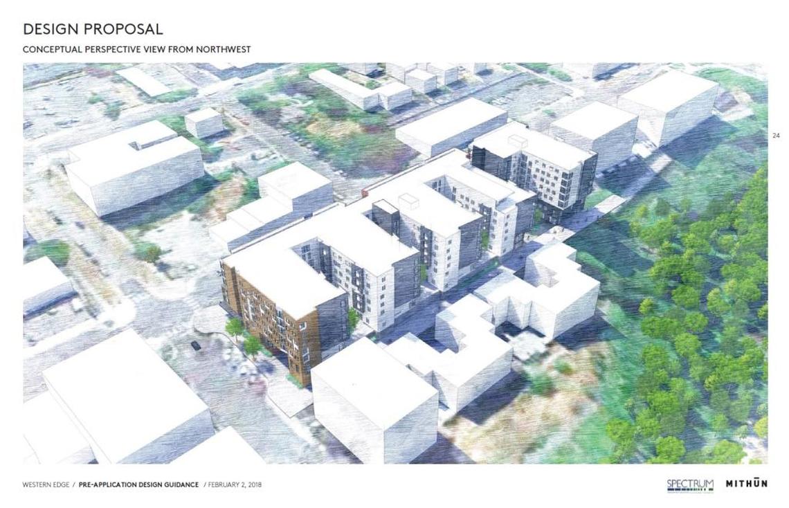 An artist rendering of what Western Edge might look like from the northwest. The proposal calls for two six-story buildings that would have 486 beds for student housing.
