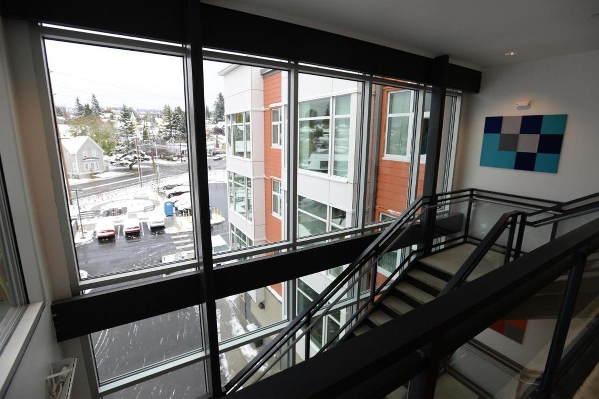 The staircase at the four-story Eleanor Apartments in Bellingham on Friday, Nov. 3, 2017. The new 80-unit apartment building is for low-income seniors.