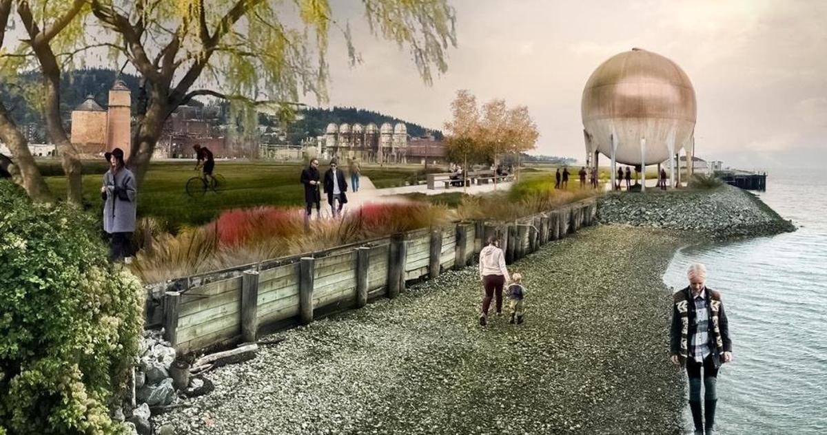 This conceptual drawing for “Waypoint” by Mutuus Studio shows how the acid accumulator from the former Georgia-Pacific pulp and paper mill will be transformed for use in a new waterfront park, also named Waypoint.