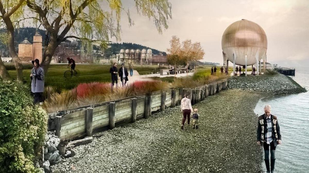 This conceptual drawing for “Waypoint” by Mutuus Studio shows how the acid accumulator from the former Georgia-Pacific pulp and paper mill will be transformed for use in a new waterfront park, also named Waypoint.