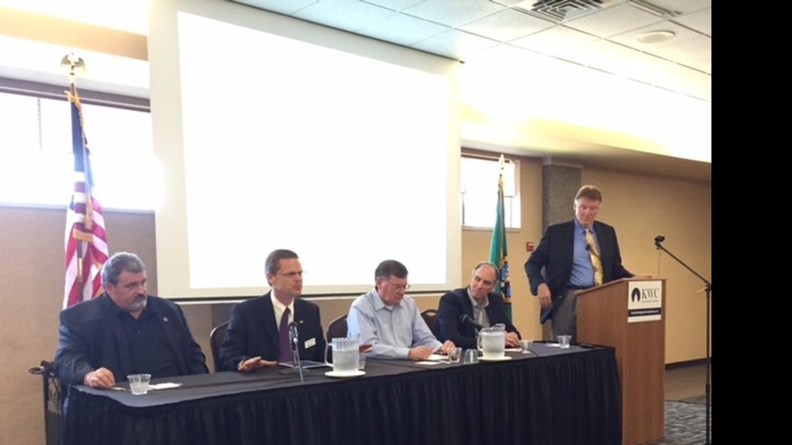 
Panelists discuss the benefits of a coal terminal proposed for Cherry Point on Monday, June 22, in Bellingham. From left are Seattle-based union leader Lee Newgent, Washington State Farm Bureau CEO John Stuhlmiller, Bellingham-based union leader Mark Lowry, Western Washington University economics professor Hart Hodges, and Whatcom Business Alliance President Tony Larson.
